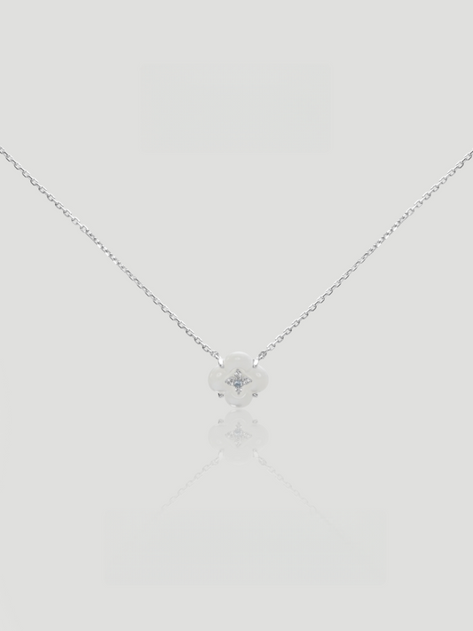 CARV. silver mother-of-pearl flower necklace with white floral pendant and crystal centre detail