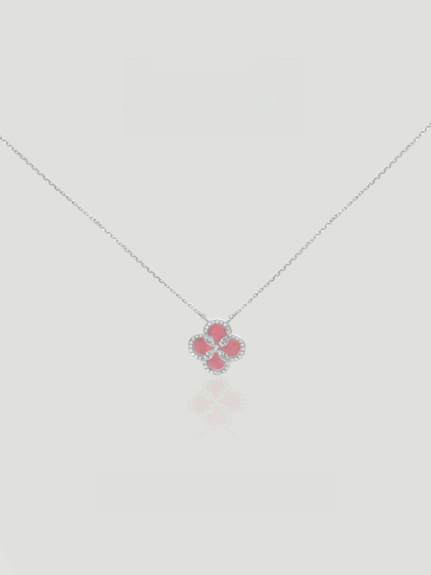 CARV. silver pink mother-of-pearl flower necklace with four-petal pendant, crystal outline and fine chain