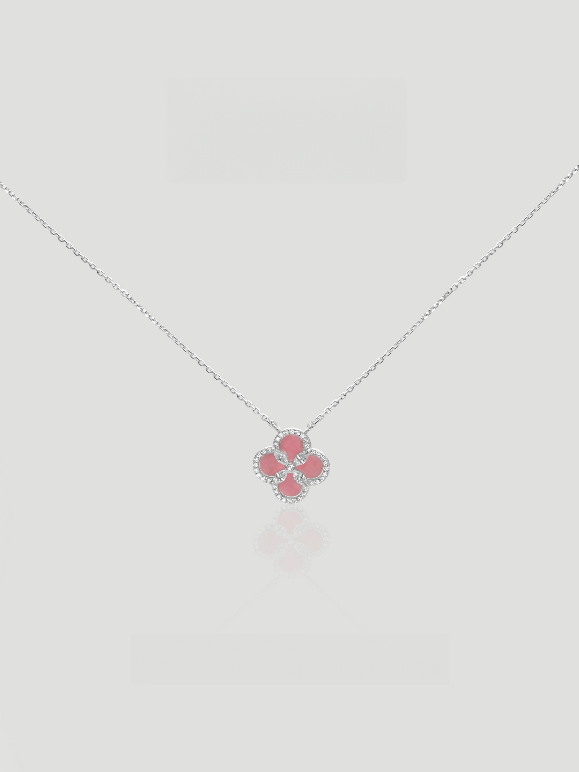 CARV. silver pink mother-of-pearl flower necklace with four-petal pendant, crystal outline and fine chain