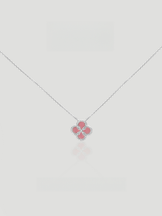 CARV. silver pink mother-of-pearl flower necklace with four-petal pendant, crystal outline and fine chain