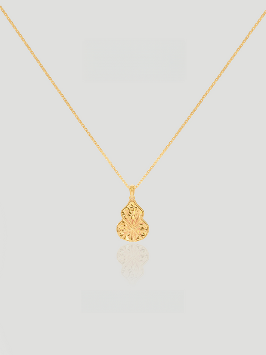 CARV. gold filigree gourd pendant necklace with engraved drop pendant product close-up