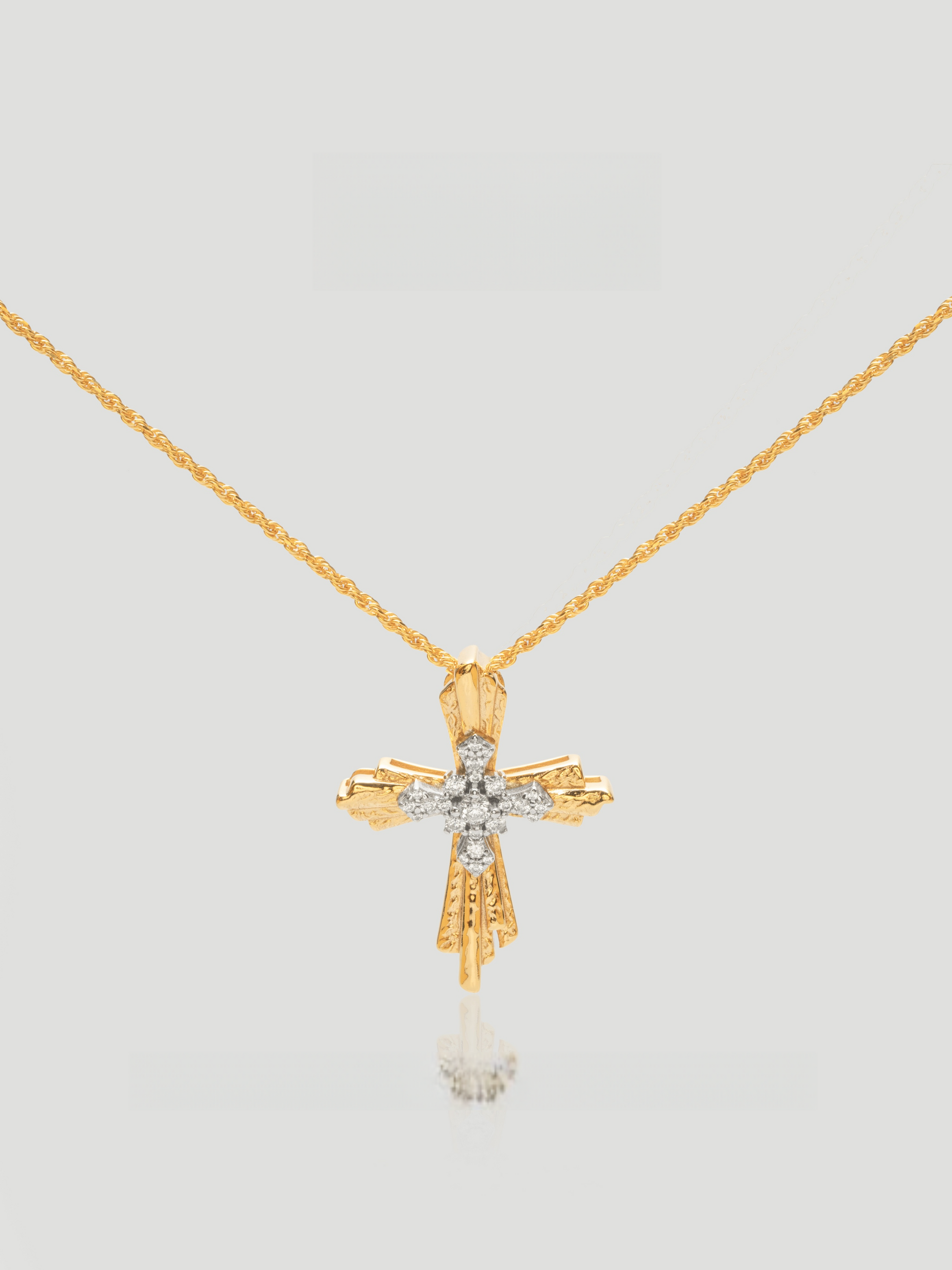 CARV. mixed-tone cross pendant necklace with gold chain, silver crystal cross and textured gold bars