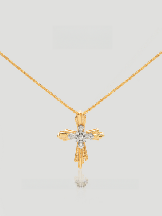 CARV. mixed-tone cross pendant necklace with gold chain, silver crystal cross and textured gold bars