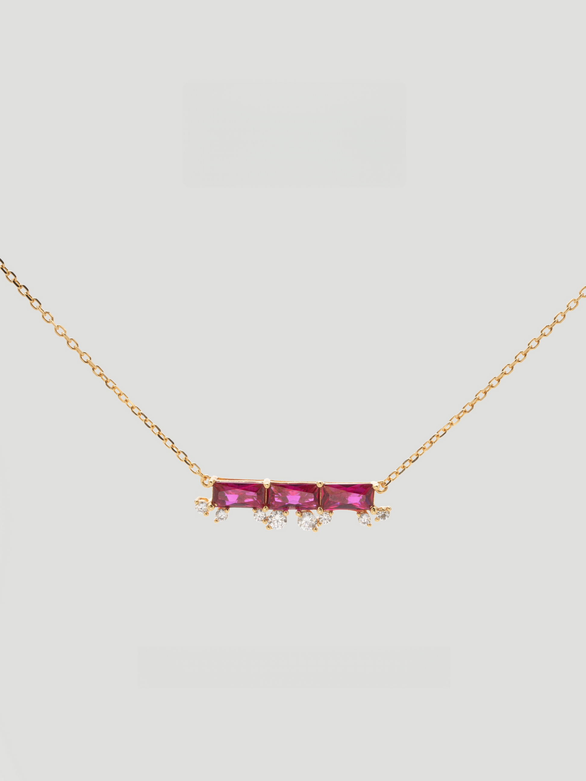 CARV. ruby bar necklace with gold chain, horizontal pink stone bar and small crystal drop accents