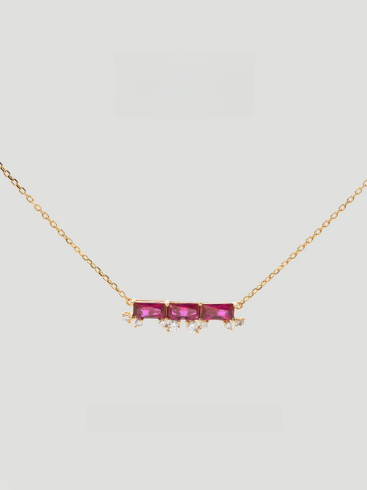CARV. ruby bar necklace with gold chain, horizontal pink stone bar and small crystal drop accents