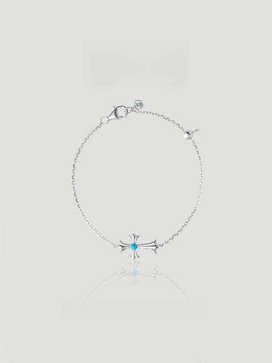 CARV. silver cross bracelet with turquoise centre accent, fine chain and small round charm