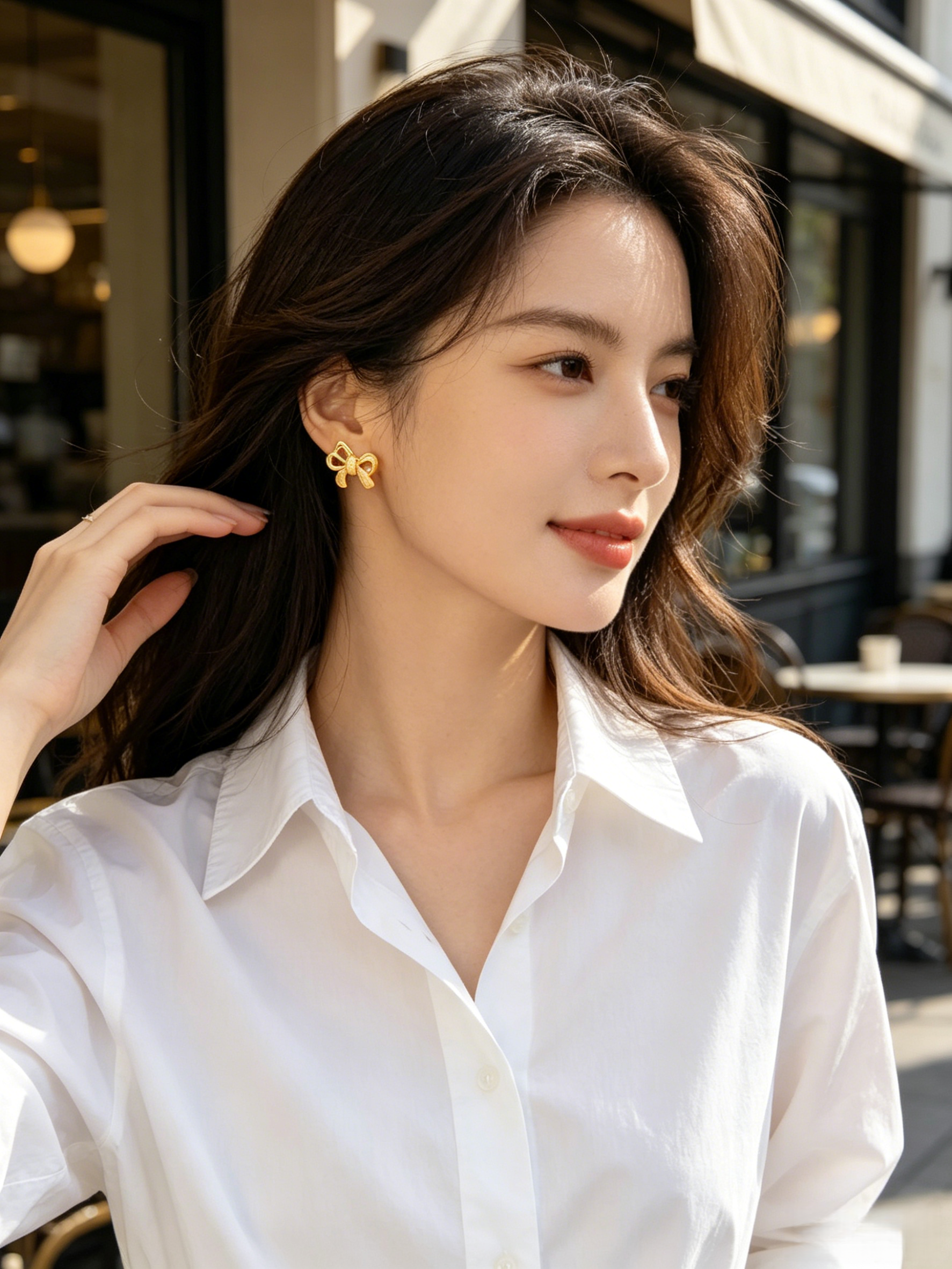 CARV. gold bow stud earrings worn on ear with pavé detail and curved bow silhouette