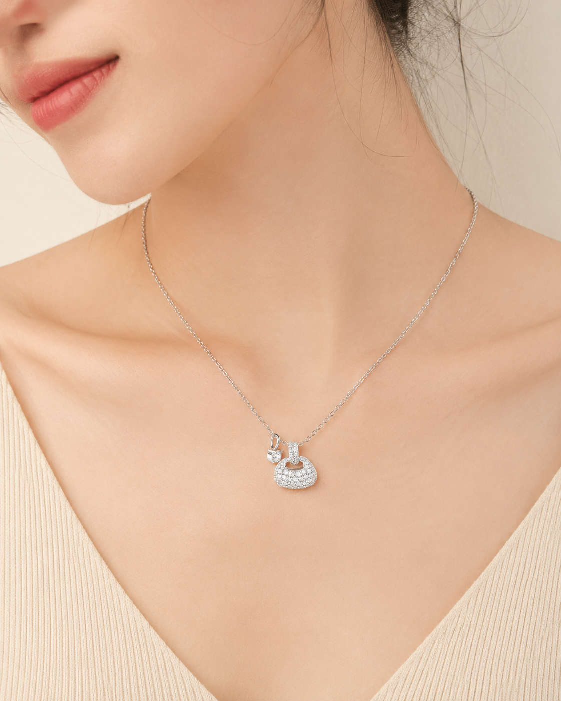 CARV. silver pavé dome pendant necklace worn at collarbone with round crystal dome charm