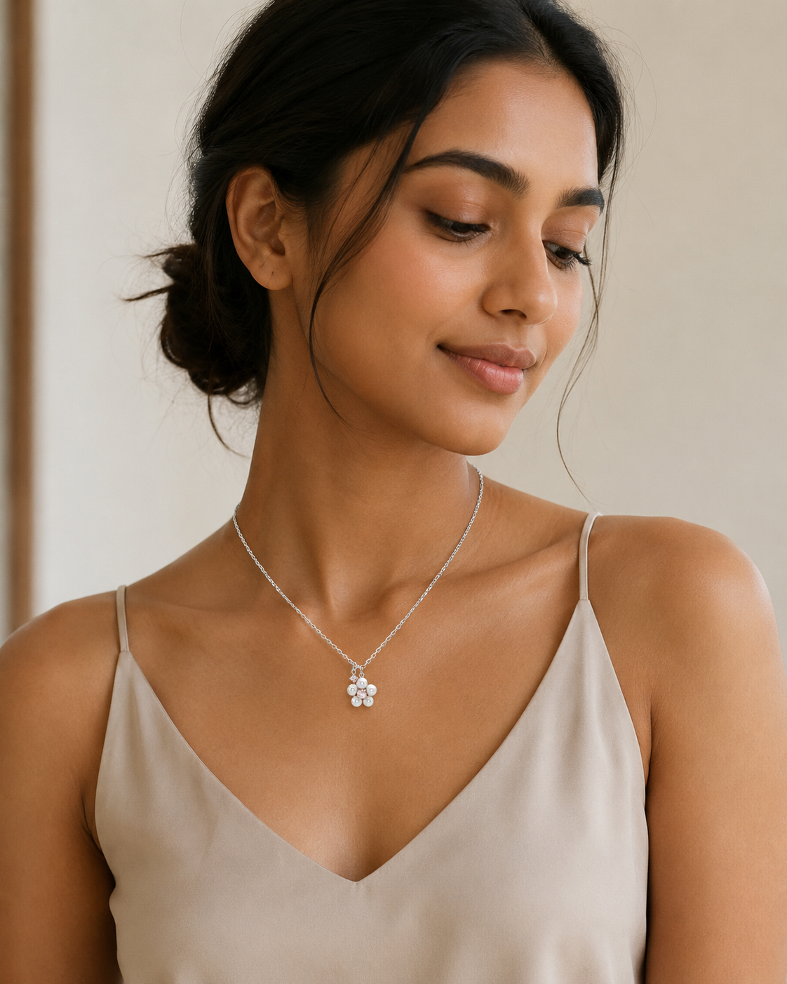 CARV. silver pearl cluster necklace worn at collarbone with clustered pearls and crystal detail