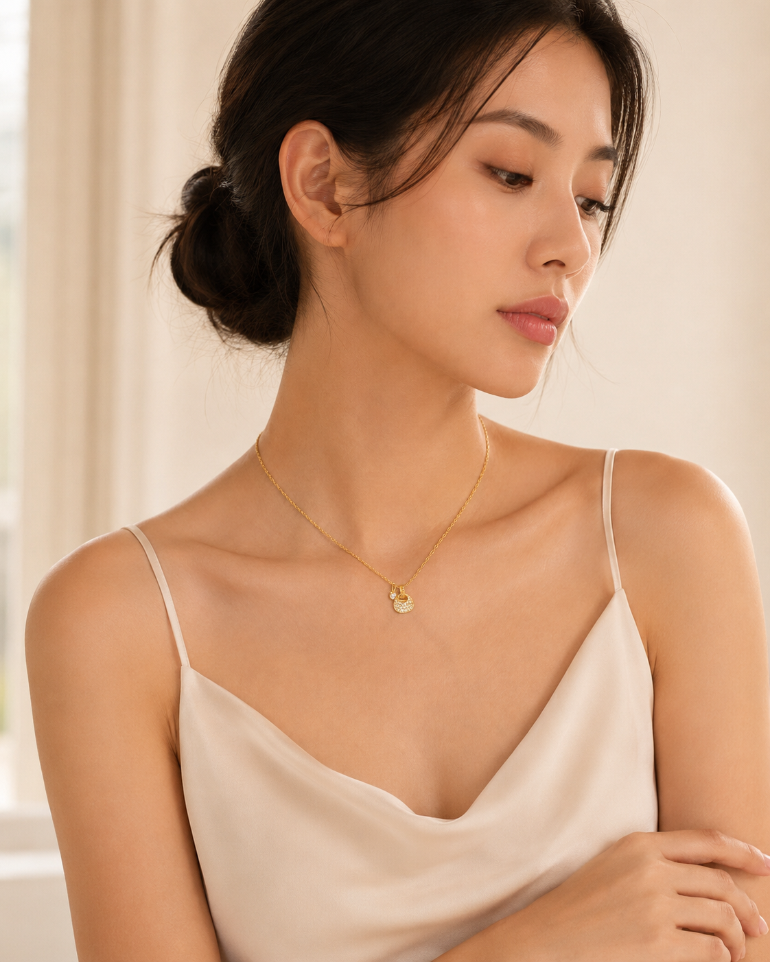 CARV. gold pavé dome pendant necklace worn at collarbone with fine chain