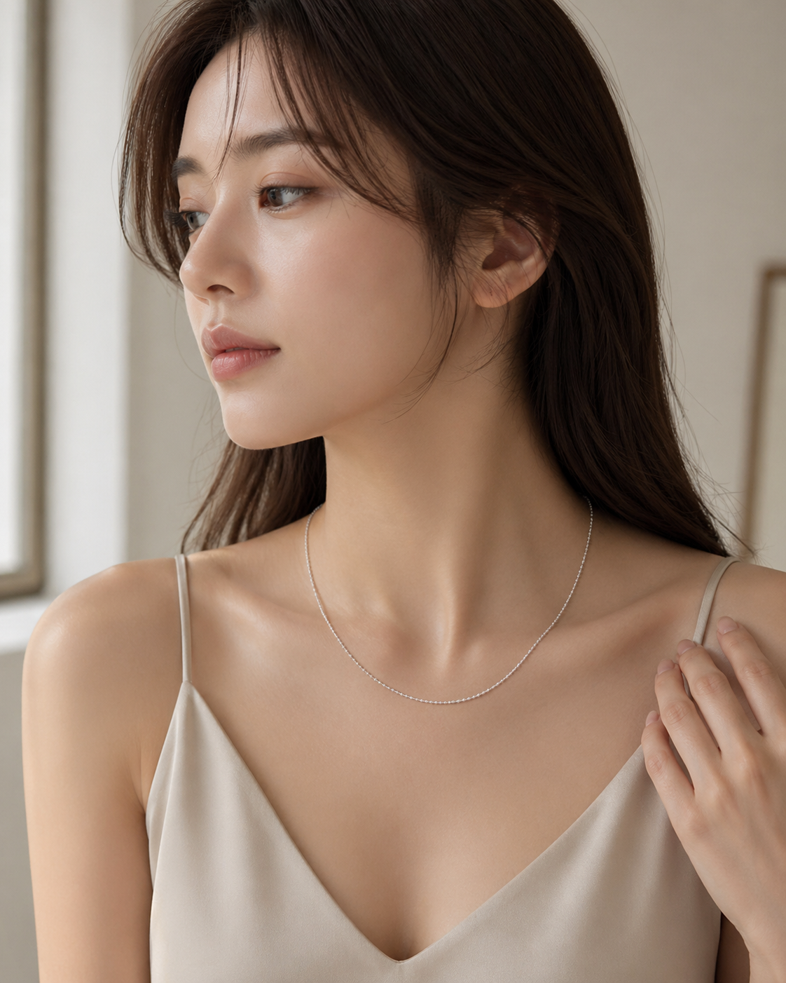 CARV. silver minimalist single chain necklace styled on neckline with delicate chain design