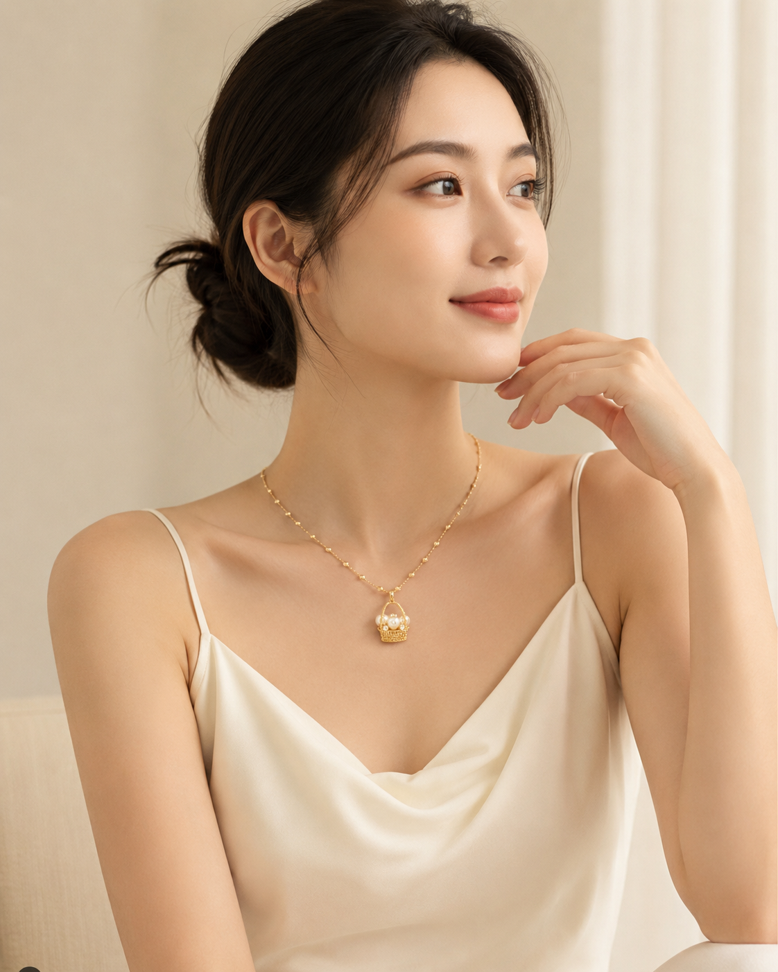 CARV. gold pearl basket necklace worn at collarbone with pearl basket pendant