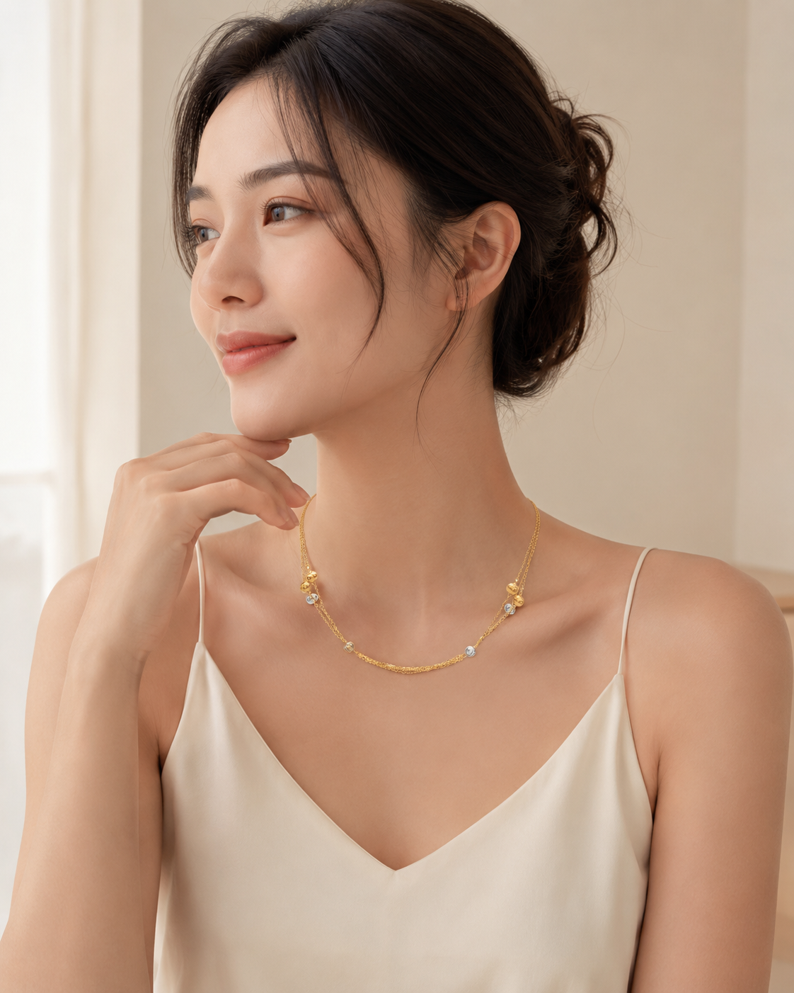 CARV. gold layered bead necklace with double chain design worn at collarbone