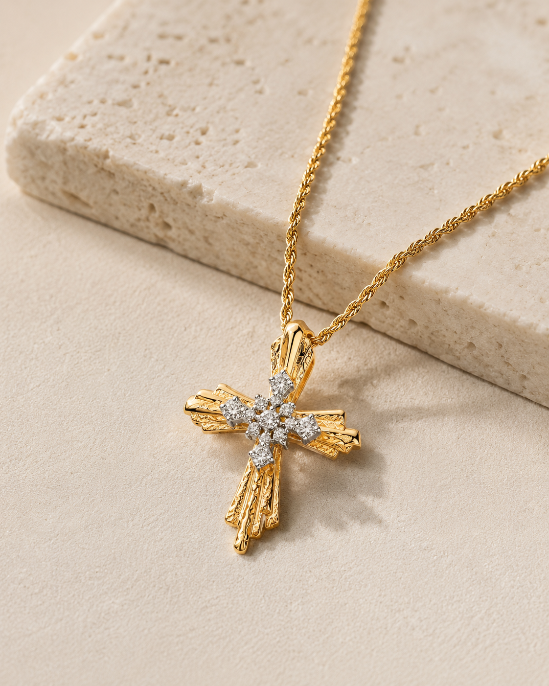 CARV. mixed-tone cross pendant necklace with gold chain, silver crystal cross and textured bar detail