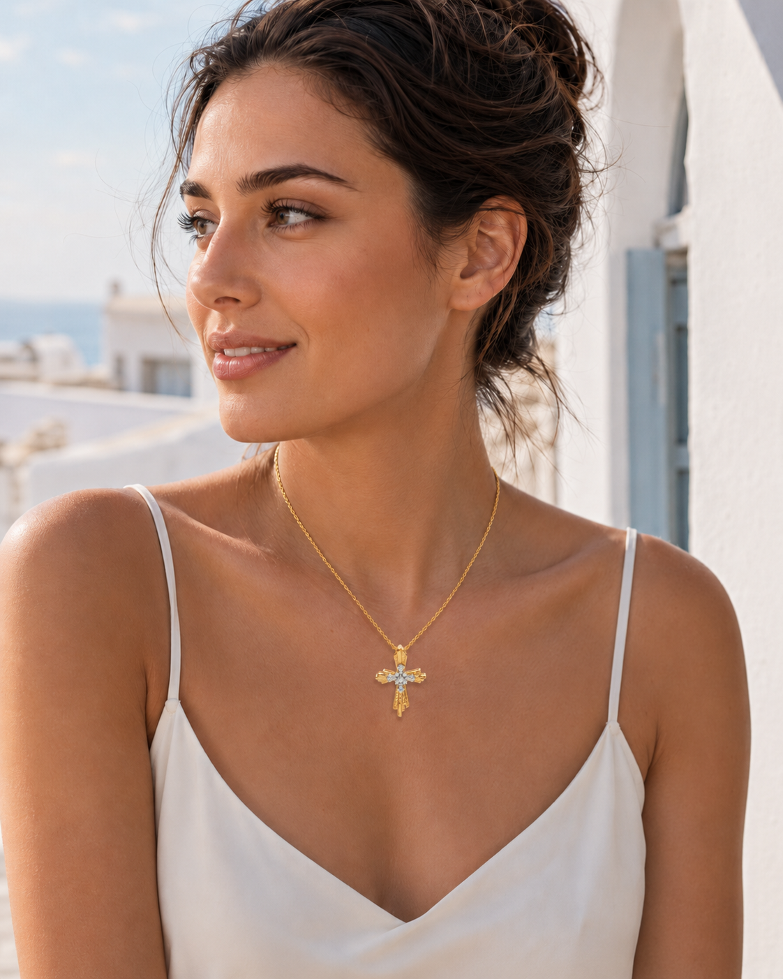 CARV. mixed-tone cross pendant necklace worn at collarbone with textured gold bars and crystal cross