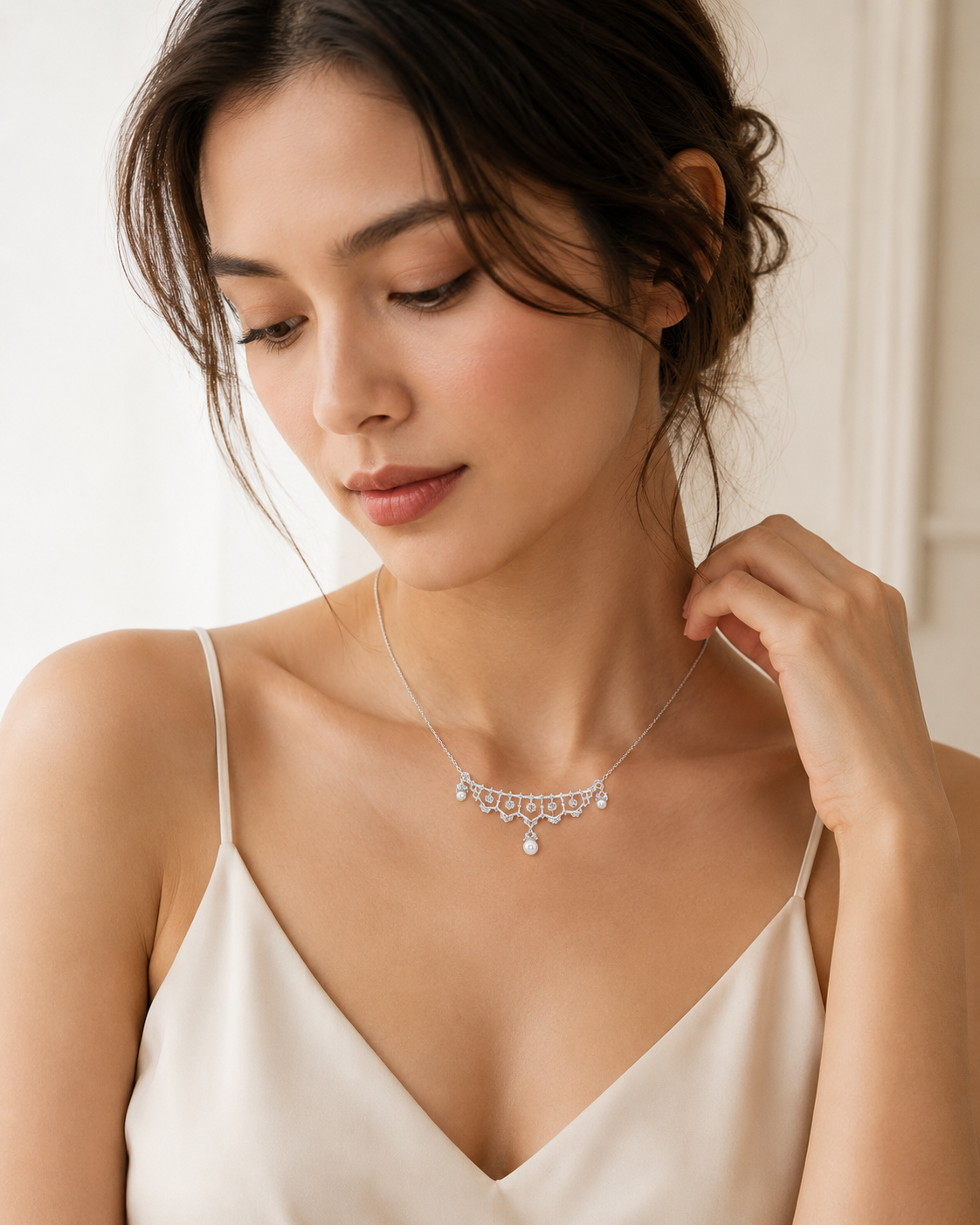 CARV. silver lace pearl necklace with drop pearl accents worn on neckline