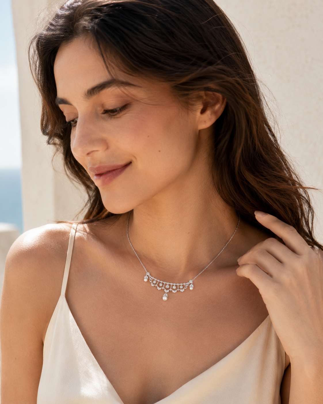 CARV. silver lace pearl necklace with scalloped fringe and centre drop worn on neckline