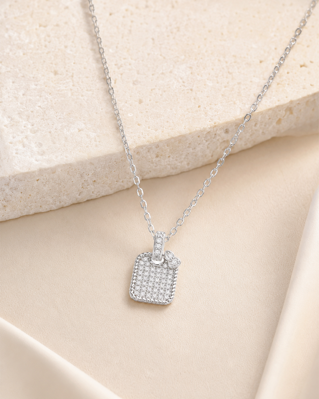 CARV. silver pavé square pendant necklace with square crystal pendant and fine chain display
