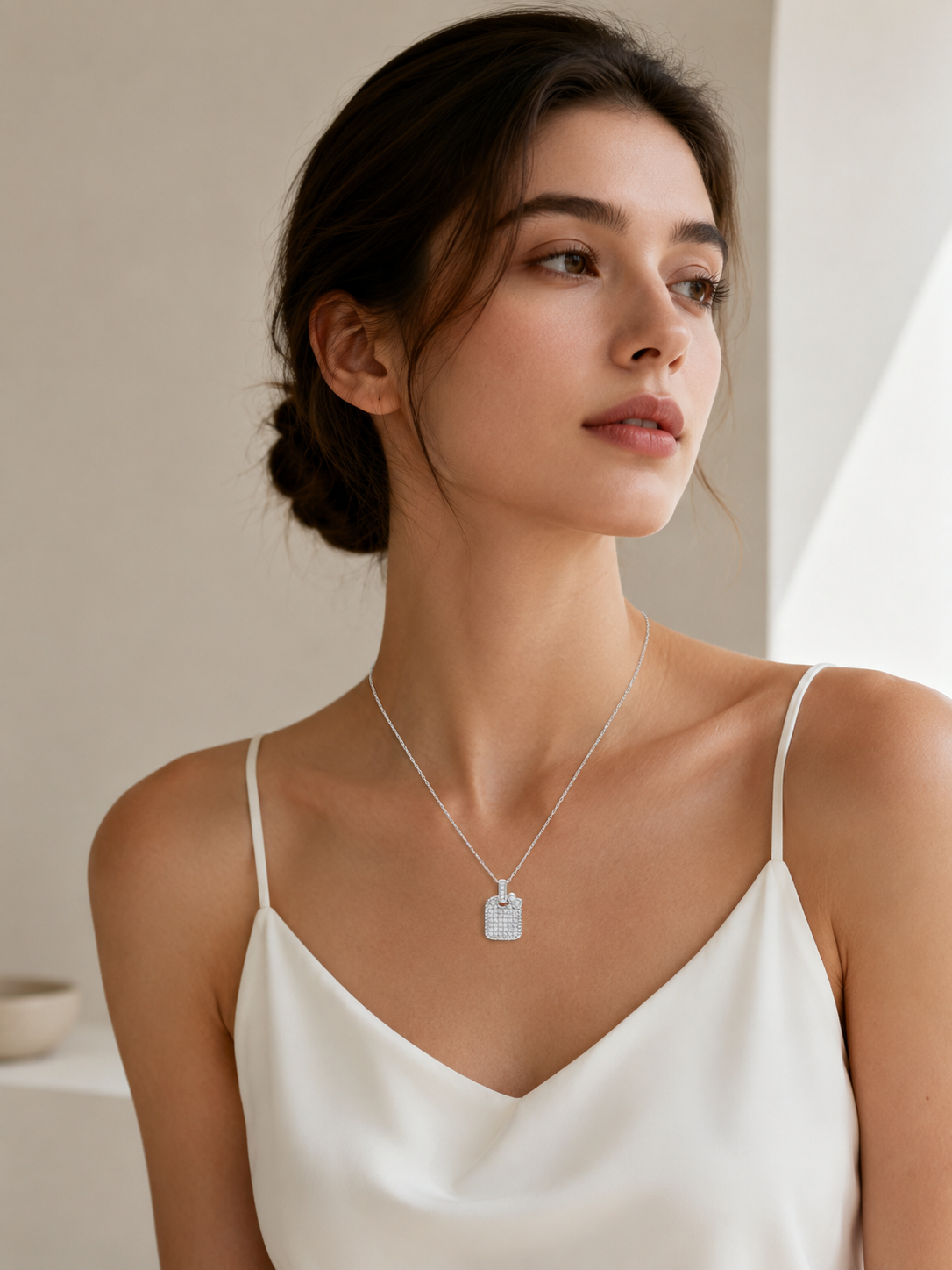 CARV. silver pavé square pendant necklace worn at collarbone with fine chain