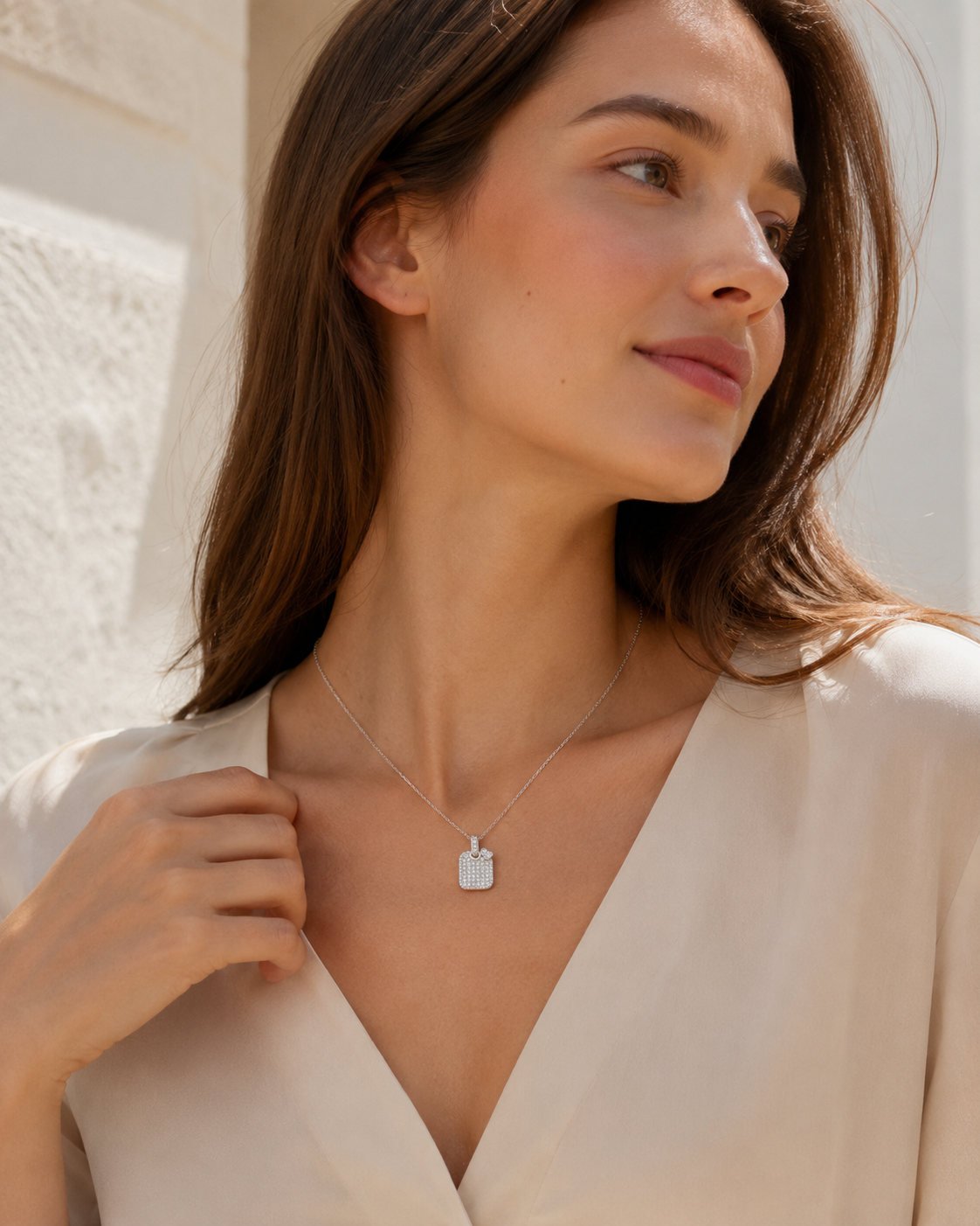 CARV. silver pavé square pendant necklace worn at collarbone with square pavé pendant