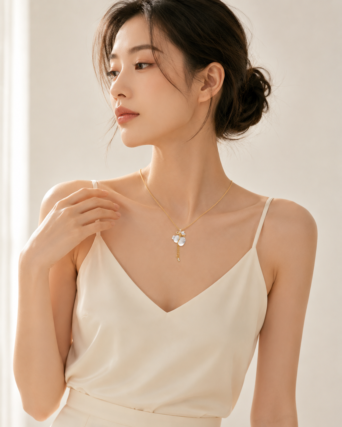 CARV. gold pendant necklace with white crystal charm and tassel detail worn at collarbone