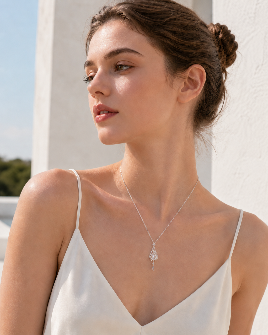 CARV. silver crystal cage pendant necklace worn at collarbone with filigree teardrop pendant
