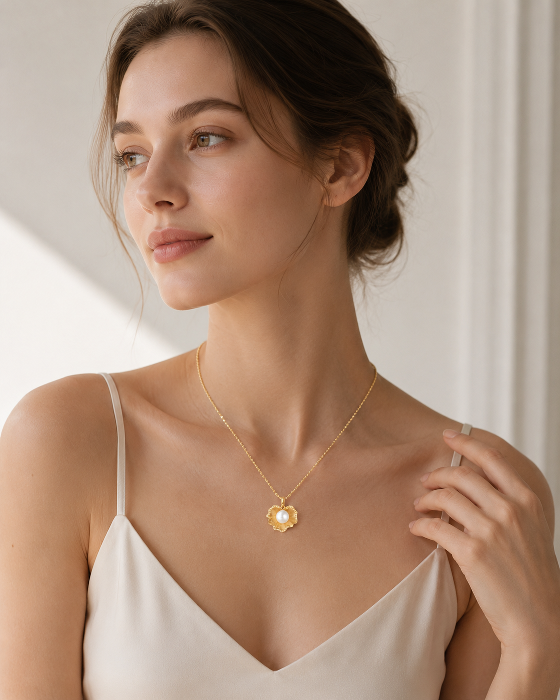 CARV. gold pearl flower pendant necklace styled on neckline with sculptural floral pendant