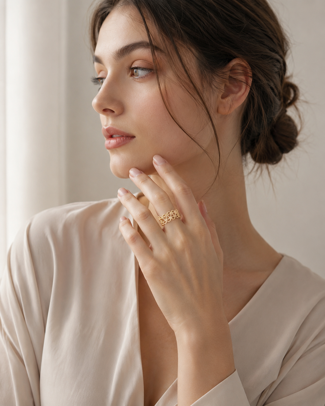 CARV. gold open lace ring styled with a white blouse for elegant outfit styling
