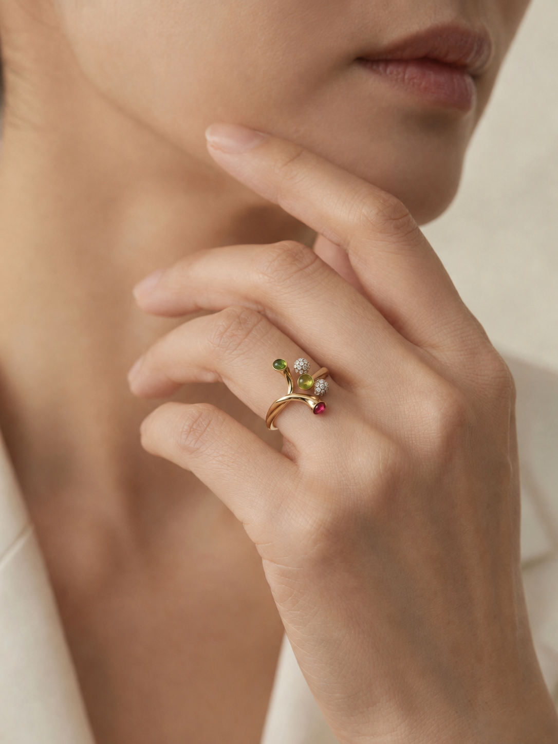 CARV. gold multi-stone open ring worn on hand for everyday outfit styling