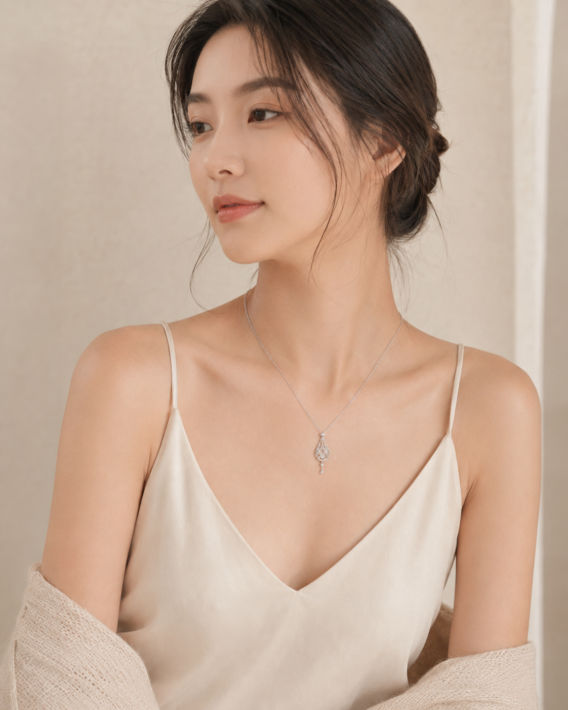 CARV. silver crystal cage pendant necklace styled on neckline with delicate drop pendant detail