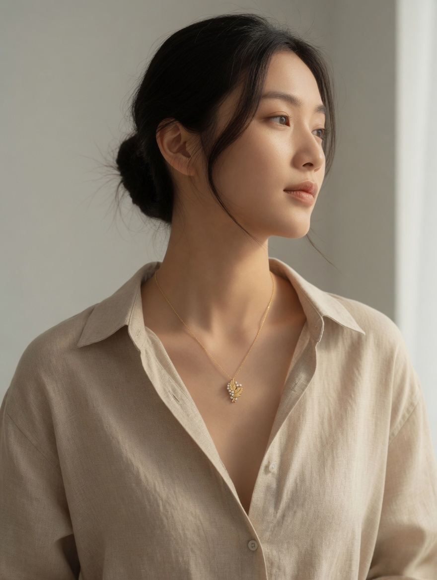 CARV. gold oak leaf pearl pendant necklace worn at collarbone in portrait view
