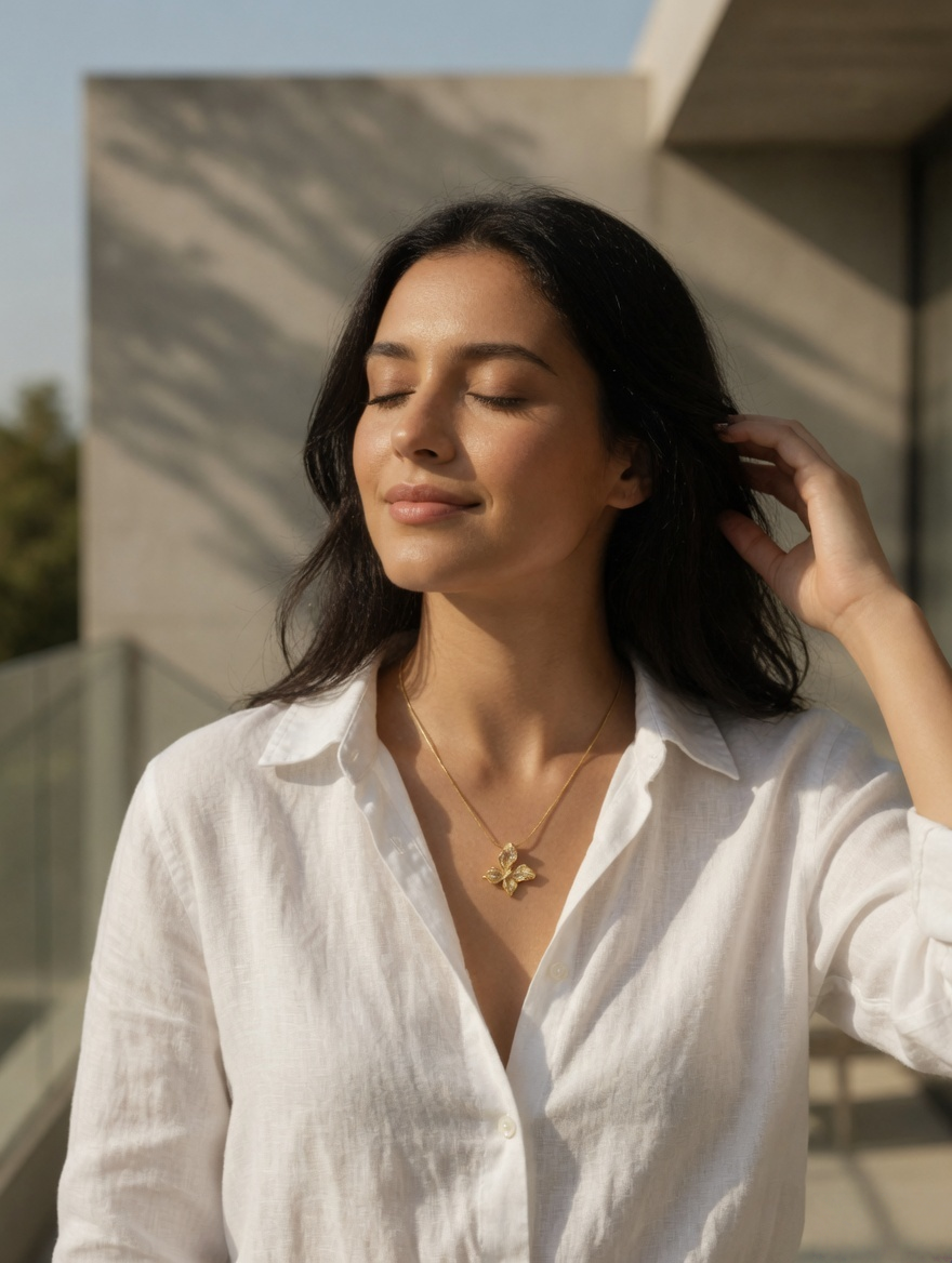 CARV. gold leaf pendant necklace worn at collarbone with four-leaf shape and pavé stones