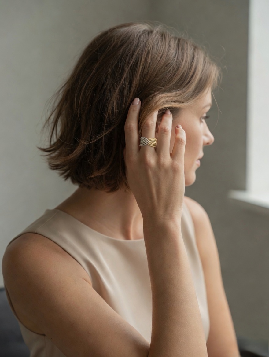 CARV. two-tone pavé crossover ring styled on finger with mixed metal wrap design and textured band
