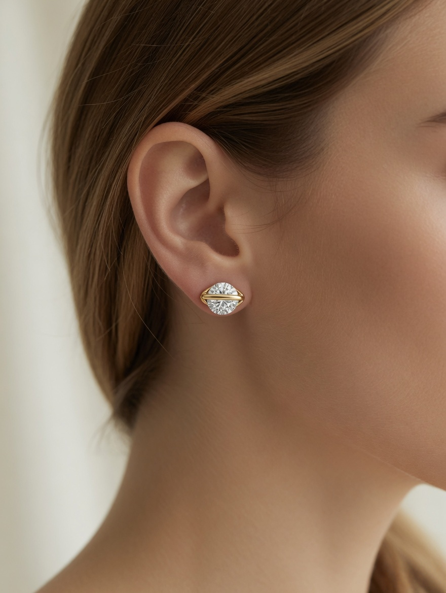 CARV. gold round crystal orbit stud earrings worn on ear with clear crystal and orbit bar detail