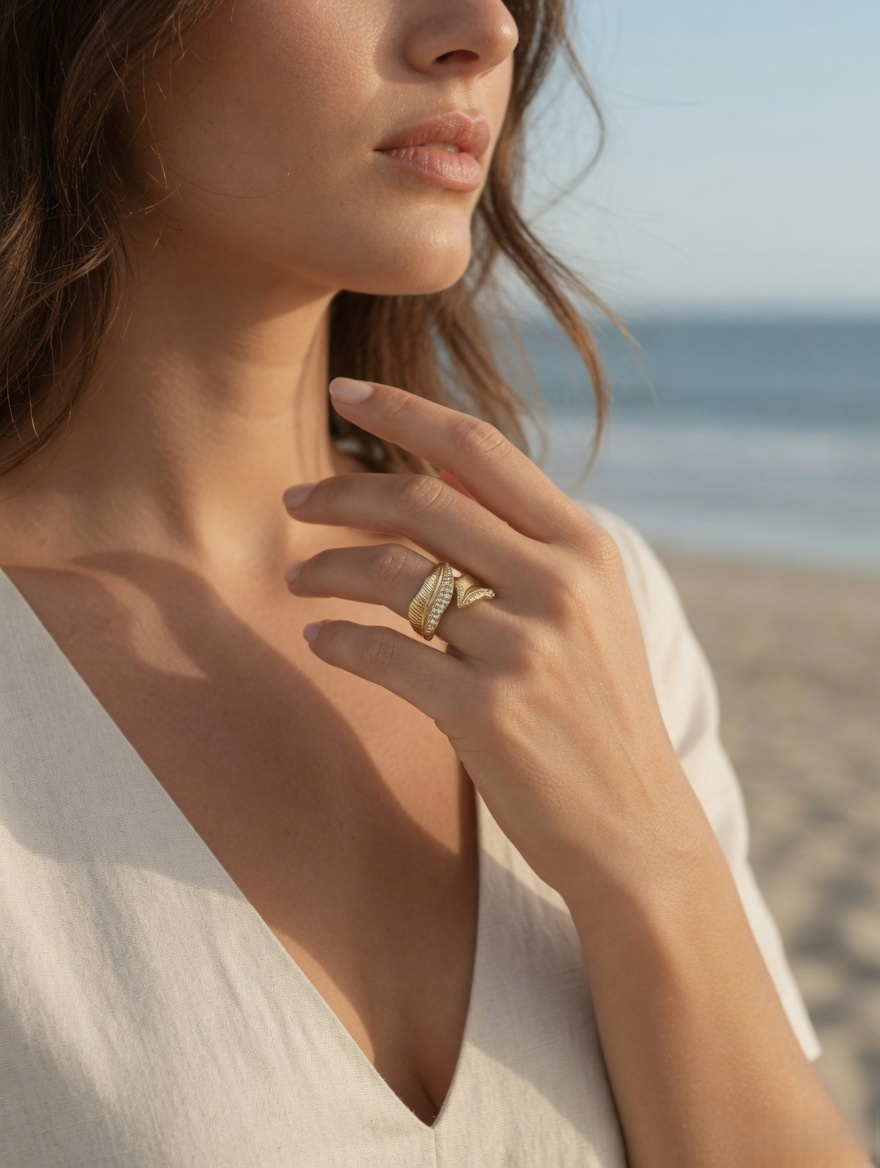 CARV. gold leaf open ring worn on hand with textured leaf shape and sparkling pavé accents