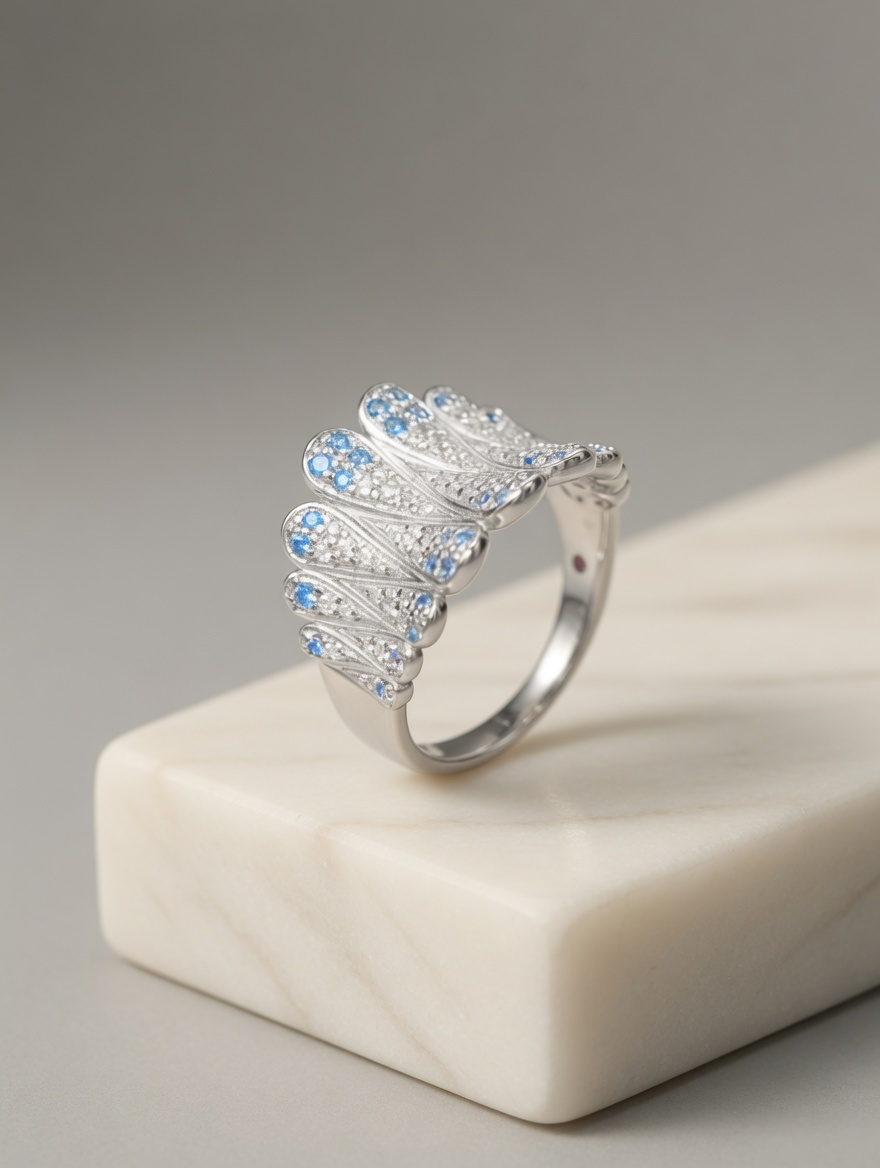 CARV. silver feather statement ring with sculptural feather detail and blue stones