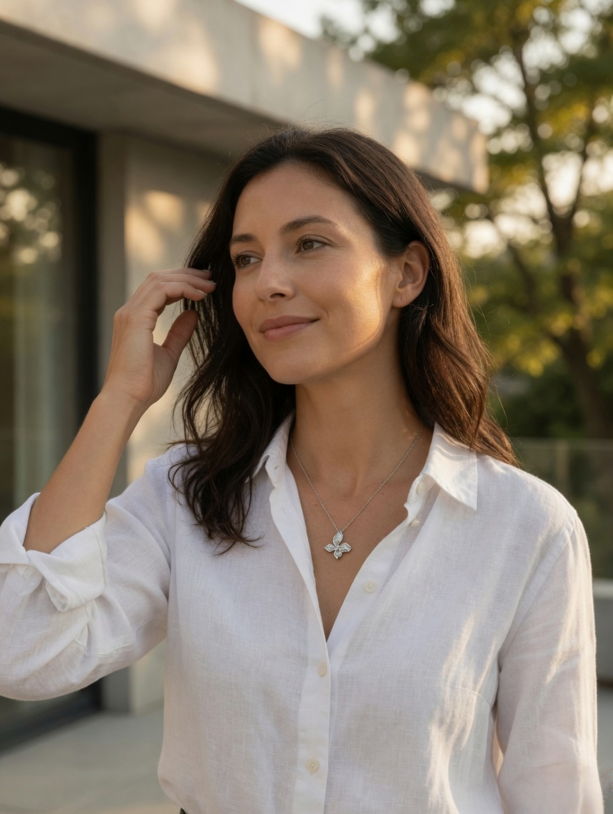 CARV. silver leaf pendant necklace worn at collarbone with four-leaf shape and pavé stones