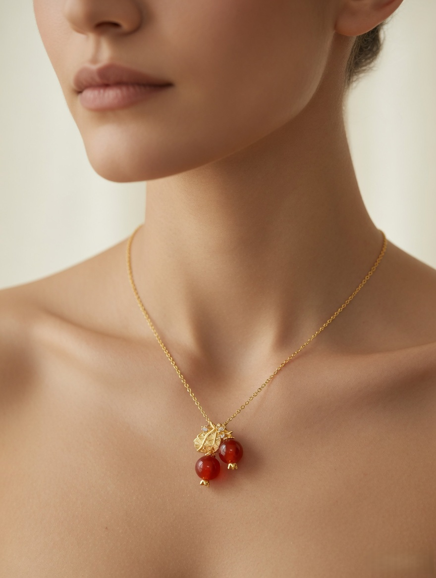 CARV. gold red berry pendant necklace worn at collarbone with double red bead drops