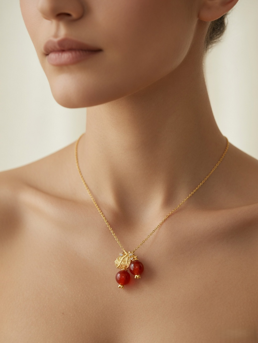 CARV. gold red berry pendant necklace worn at collarbone with double red bead drops