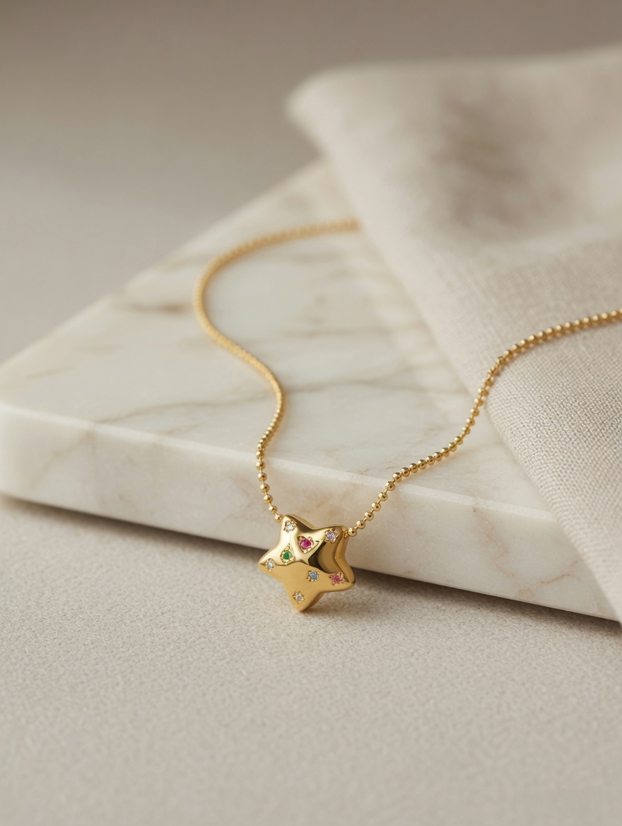 CARV. gold star zircon pendant necklace with fine chain and close-up star charm detail
