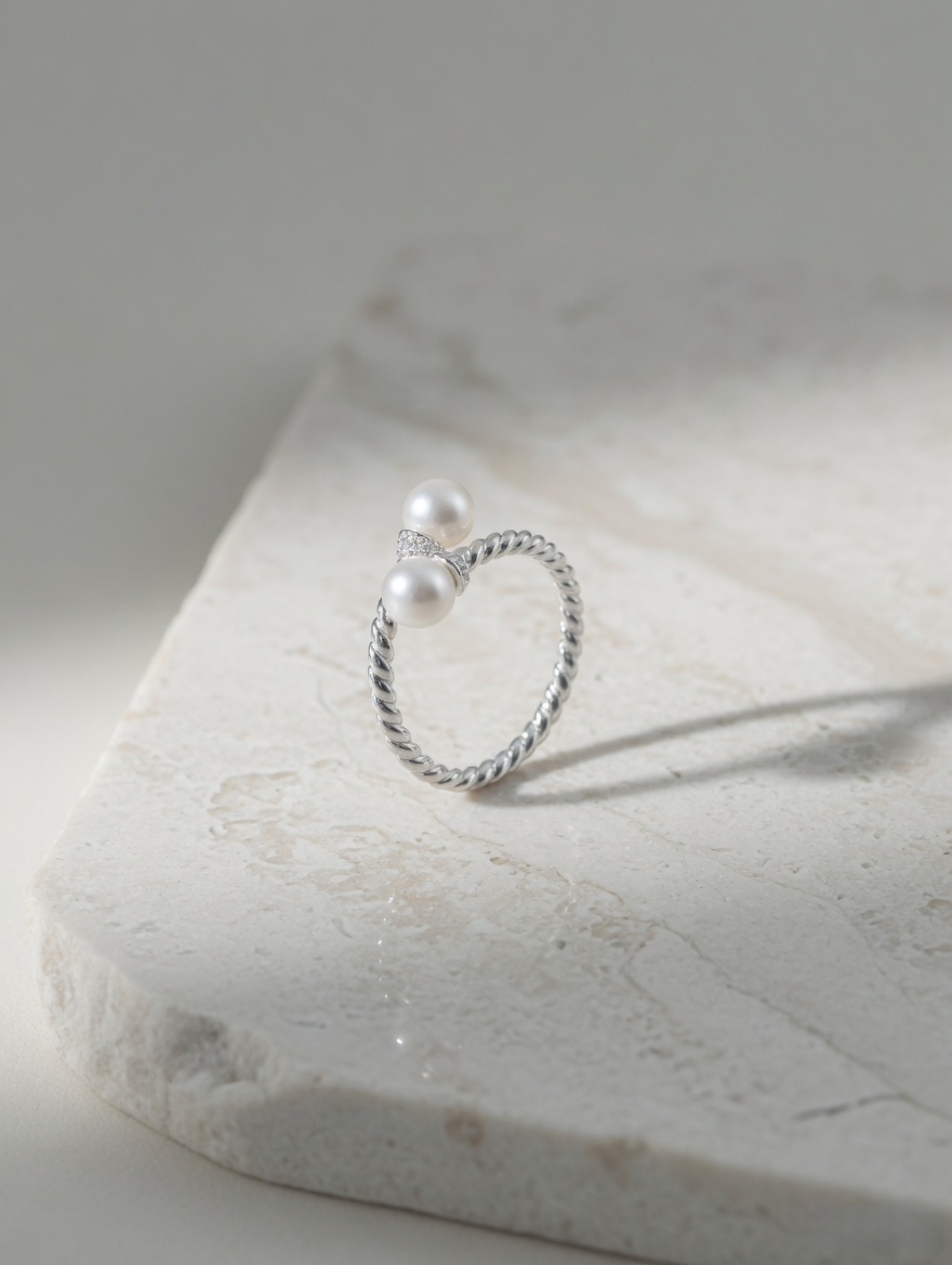 CARV. silver pearl twist ring with double pearl detail, rope-textured band and stone accent on display
