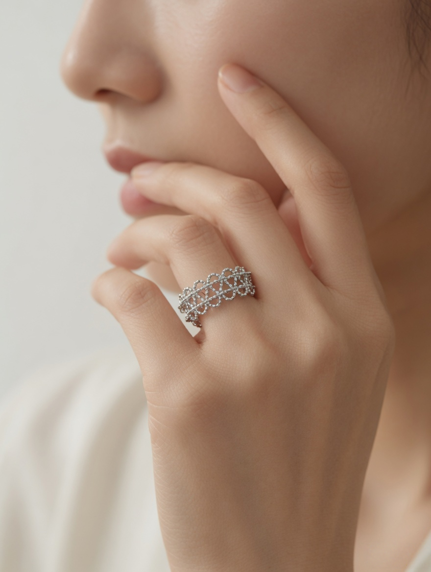 CARV. silver open lace ring worn on hand for everyday outfit styling