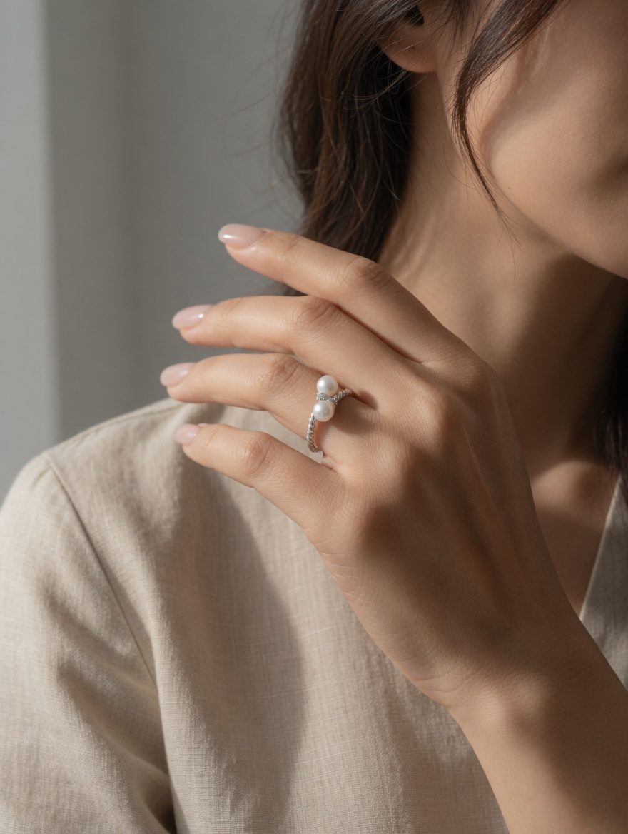 CARV. silver pearl twist ring styled on finger with rope-textured band and pearl detail