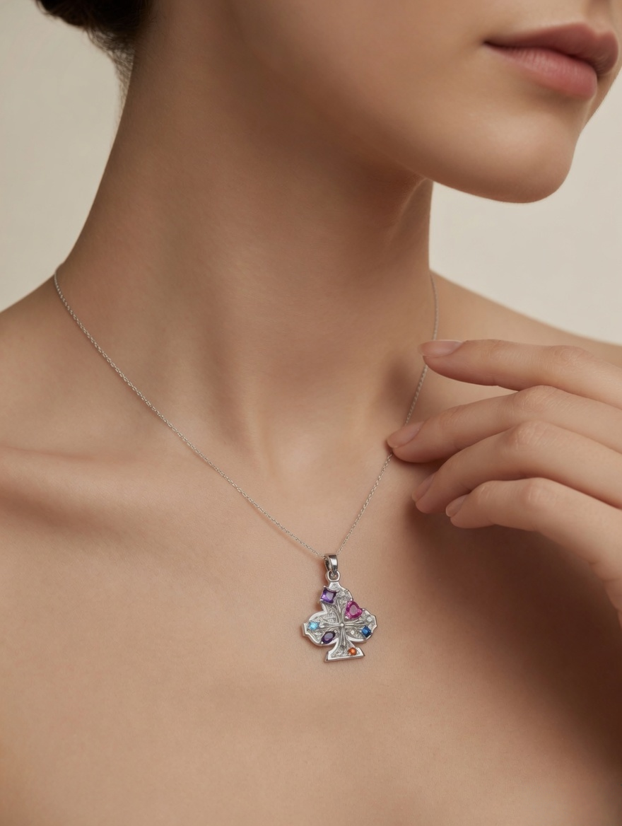 CARV. silver club pendant necklace worn at collarbone with multicolour stones and filigree detail