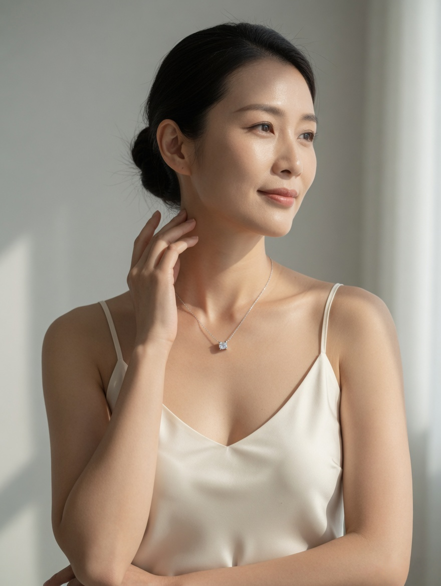CARV. silver solitaire necklace with square crystal pendant worn at collarbone