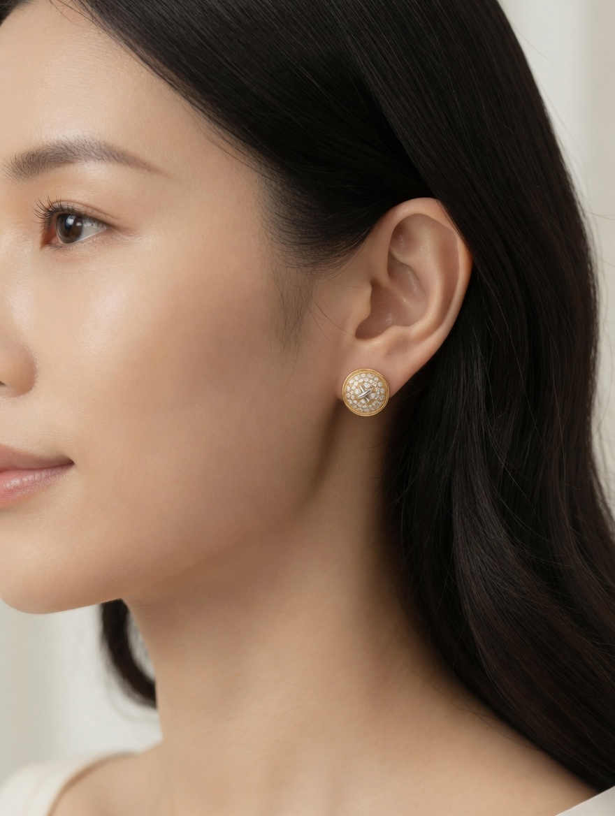 CARV. gold round pavé stud earrings worn on ear
