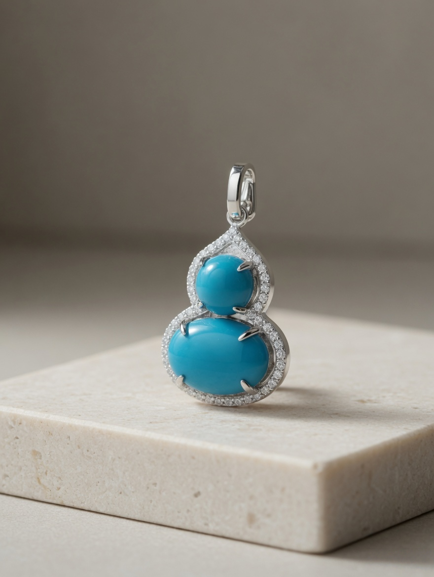 CARV. silver turquoise gourd pendant with double blue stones, pavé outline and necklace bail detail