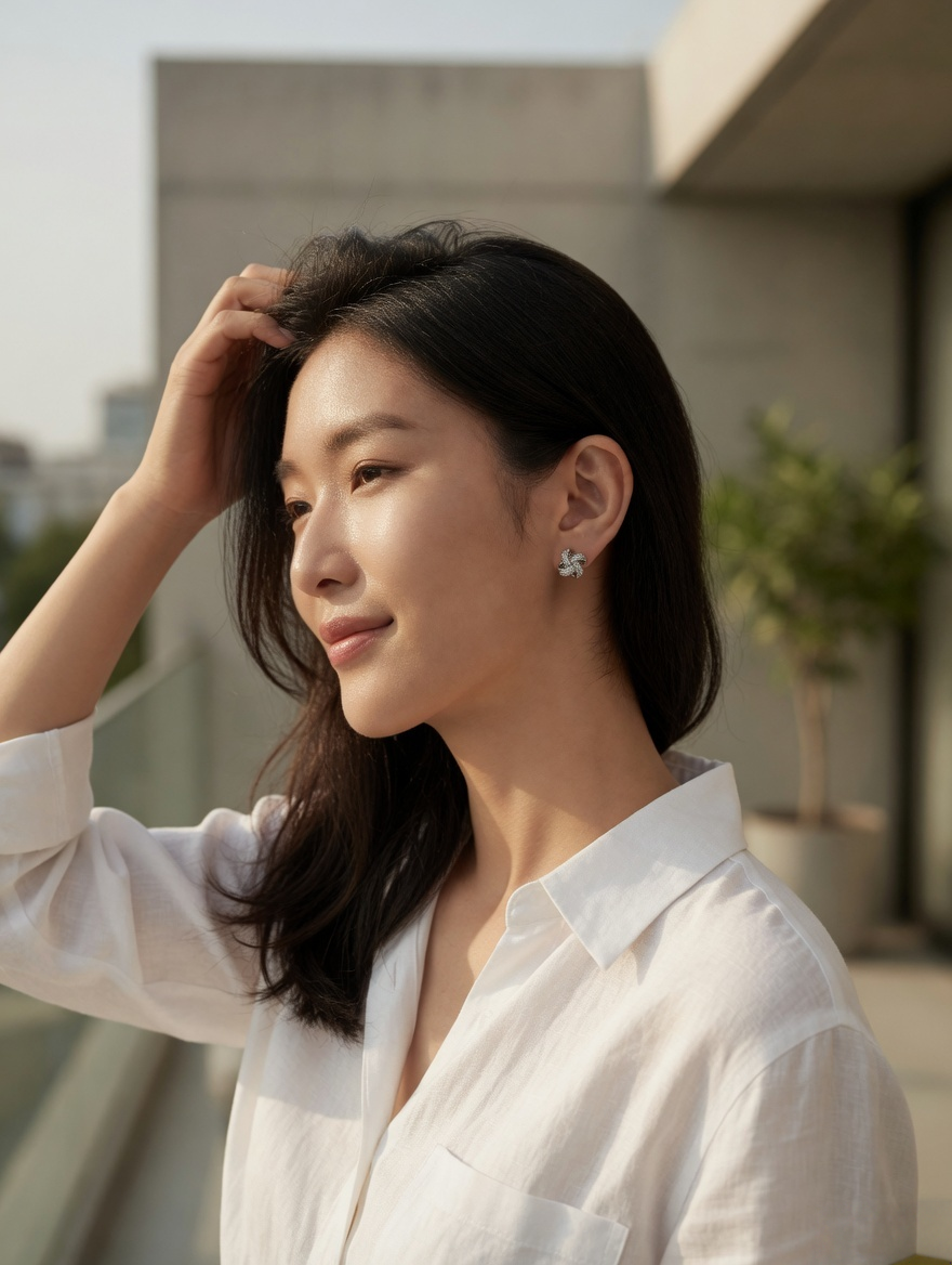 CARV. silver pavé loop stud earrings with layered loop shape worn on ear