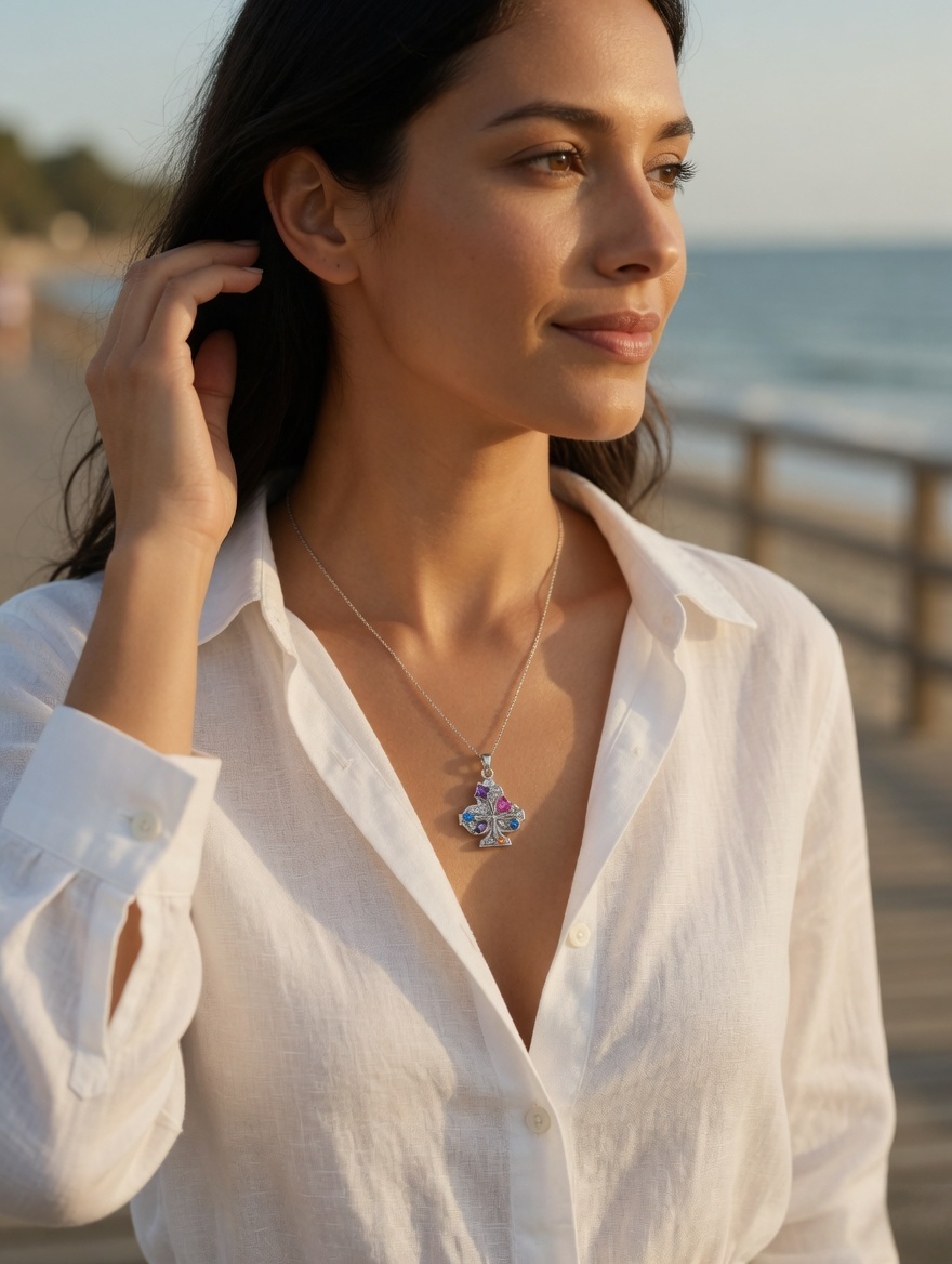 CARV. silver club pendant necklace worn at collarbone with multicolour gemstone detail and fine chain