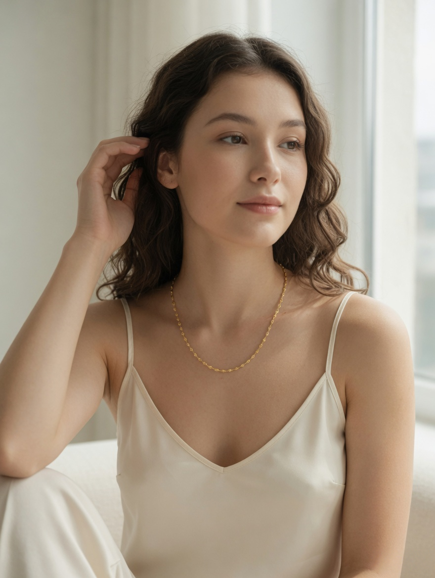 CARV. gold facet single chain necklace with elongated faceted links worn on neck